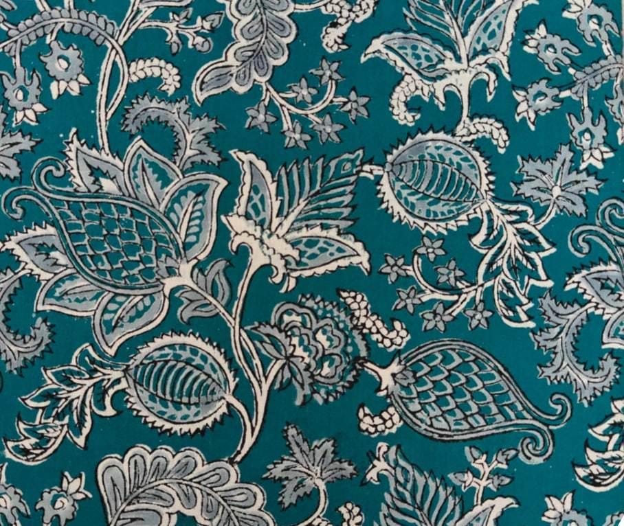 Teal Floral Cotton Fabric by the Yard, Vintage Block Print Style Fabric, Blue Green Botanical Print, Sewing Fabric, Indian Floral Textile