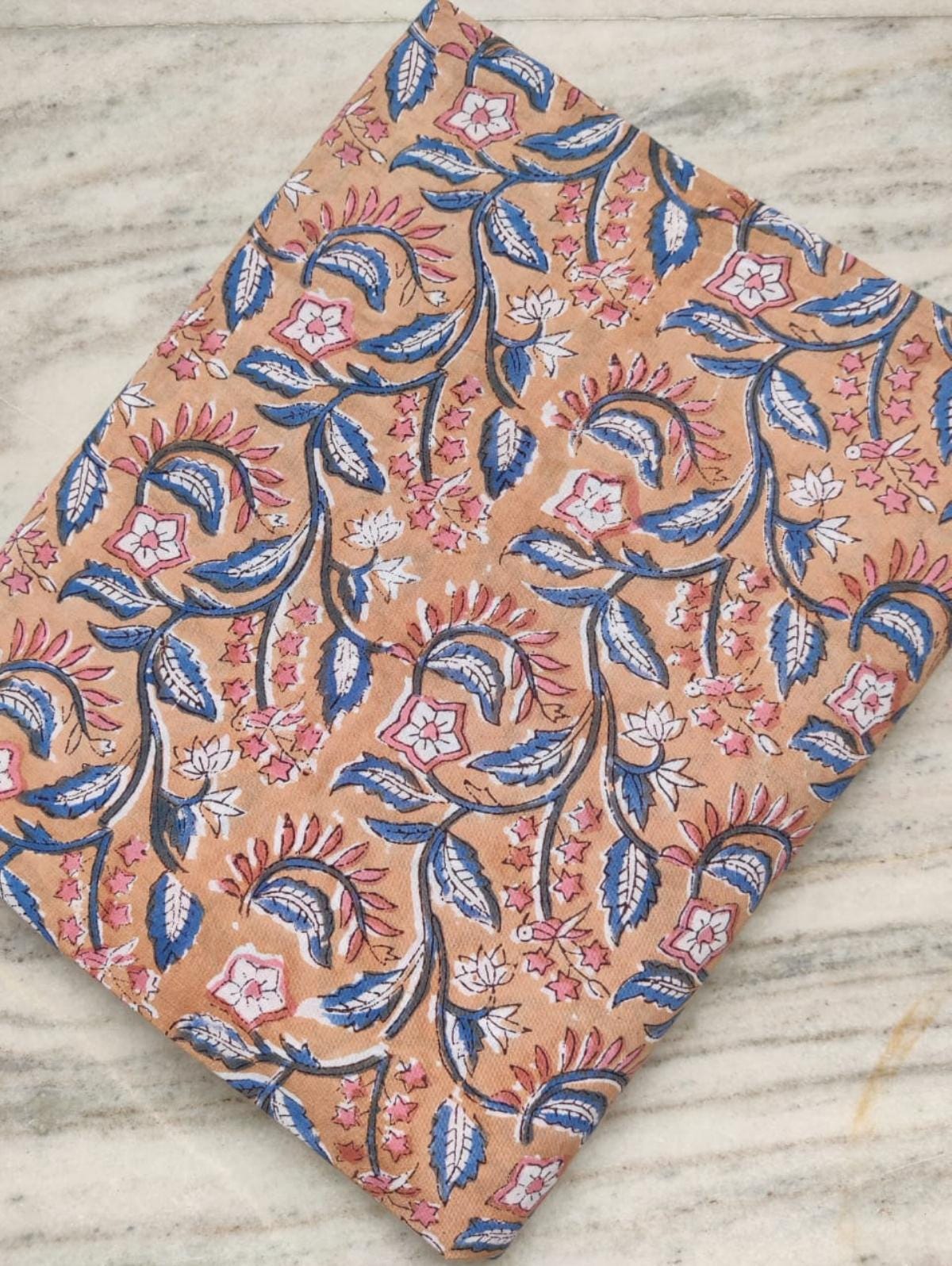 Pink & Blue Indian Hand Block Print Fabric, 100% Cotton Quilting Fabric By The Yard, Dressmaking Fabric, Loose Running Fabric, Napkin Fabric