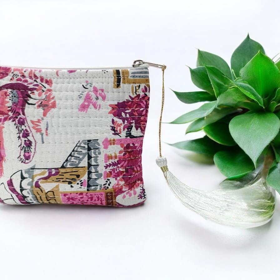 Hand-Stitched Floral Clutch – Quilted Zipper Pouch Gift for Her | Handmade Gift | Quilted Pouch With Tassel | Gift For Ideas