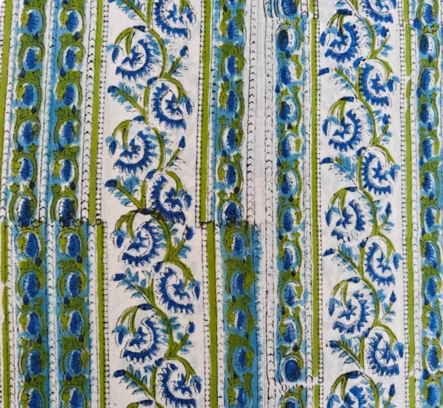 Blue & Green Floral Stripe Cotton Fabric by the Yard, Indian Block Print Cotton, Boho Border Print Fabric, Dressmaking Quilting Craft Fabric