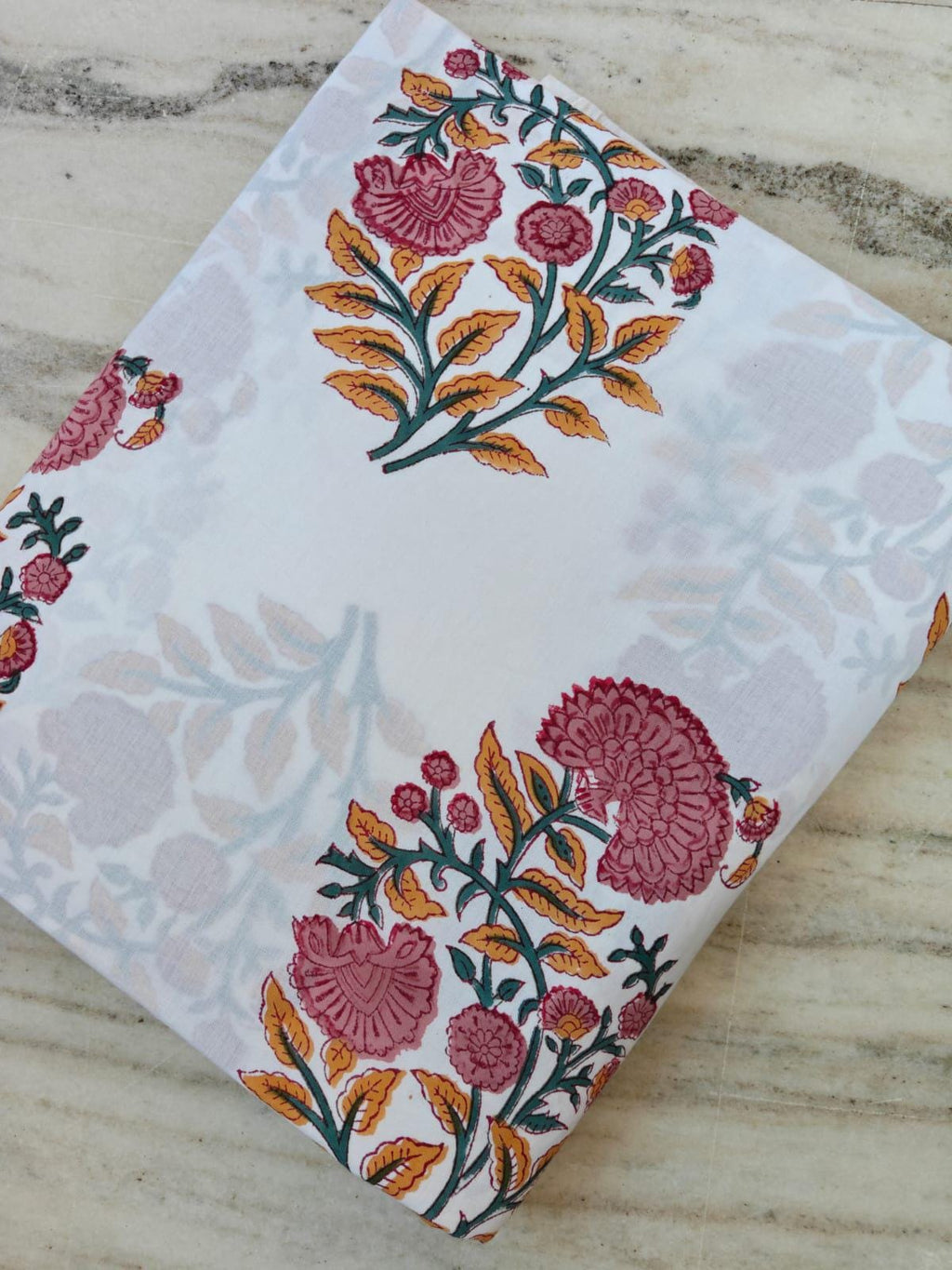 White Floral Cotton Fabric, Indian Block Print Fabric, Pink Yellow Botanical Fabric, Soft Mulmul Cotton, Lightweight Summer Dress Fabric