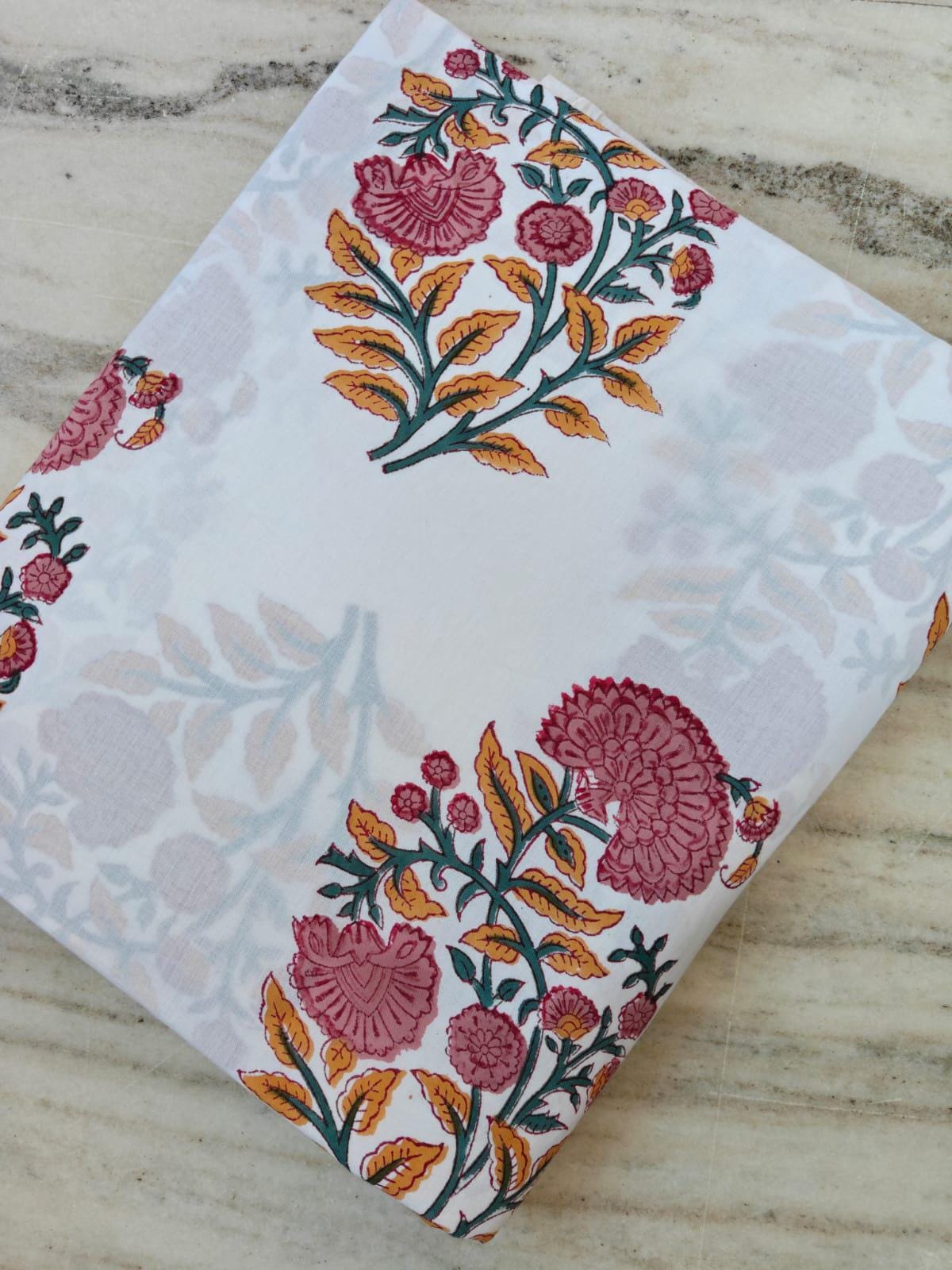 White Floral Cotton Fabric, Indian Block Print Fabric, Pink Yellow Botanical Fabric, Soft Mulmul Cotton, Lightweight Summer Dress Fabric
