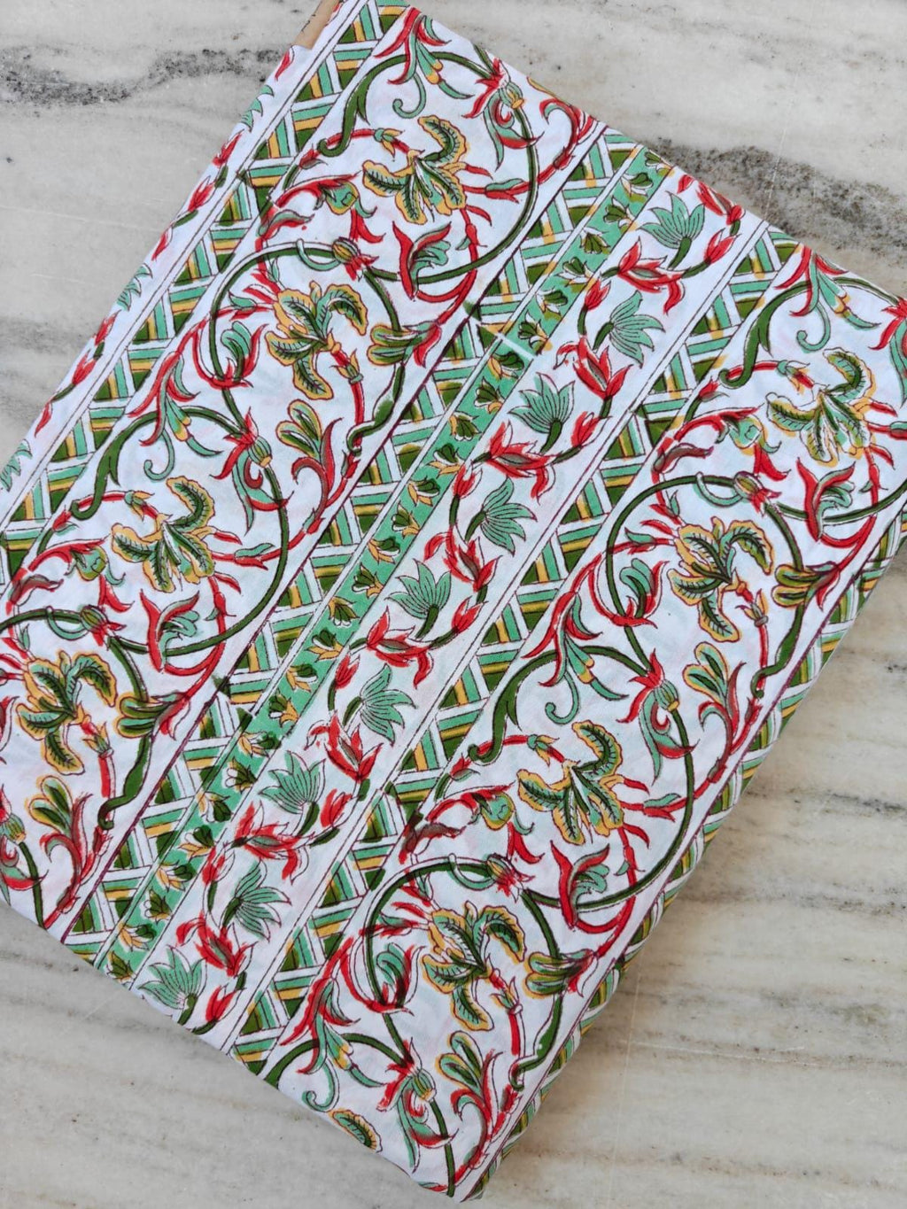Indian Hand Block Print Cotton Fabric, Red Green Floral Vine Border Print, Jaipur Cotton Textile, Cotton Craft Fabric, Dressmaking Fabric