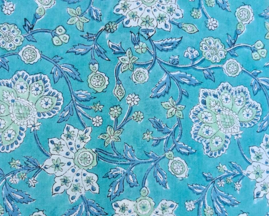 Turquoise Floral Cotton Fabric, Block Print Style Fabric, Blue Green Floral Yardage, Soft Cotton Craft Fabric, Dressmaking Quilting Napkins