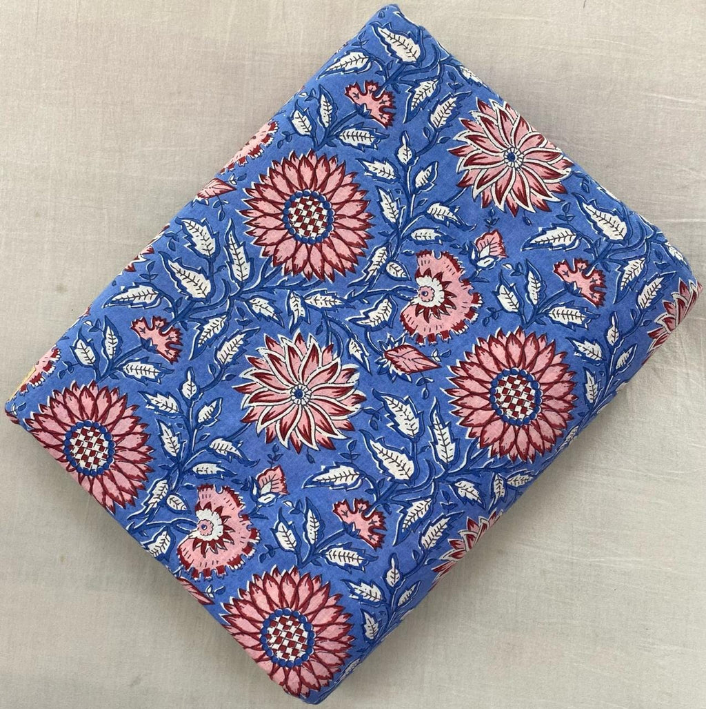 Blue Floral Cotton Fabric, Hand Block Print Fabric, Red Pink Flower Indian Cotton Fabric by Yard, Boho Quilting Sewing Dressmaking Fabric