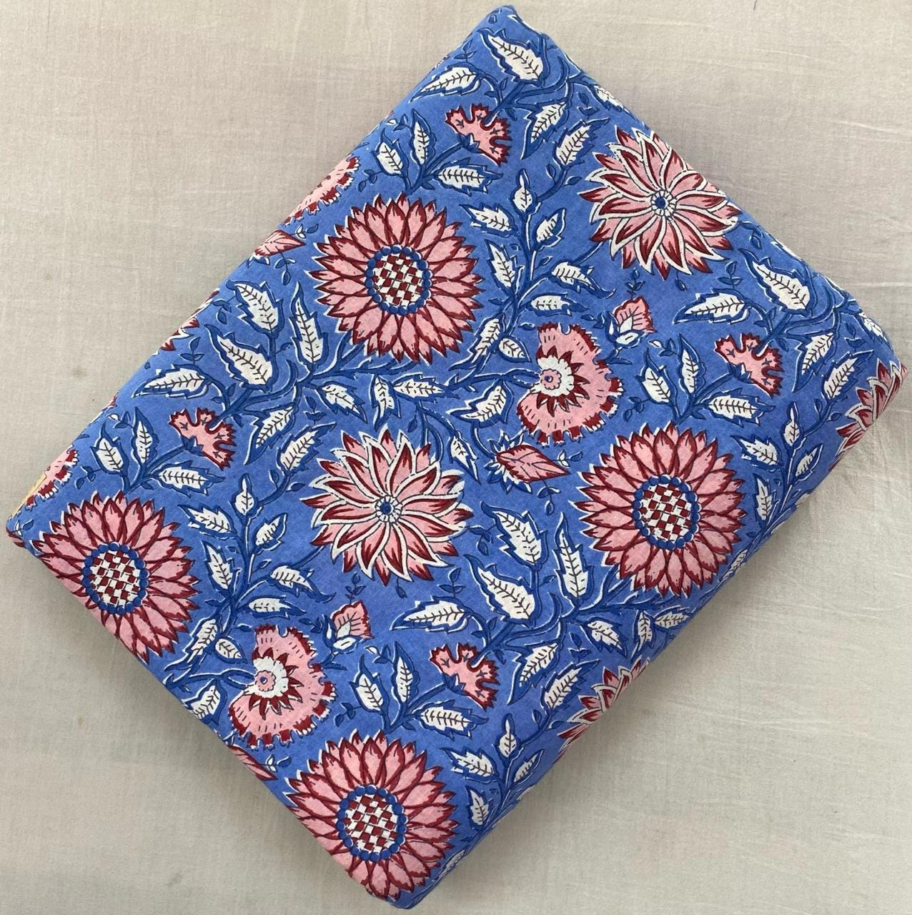 Blue Floral Cotton Fabric, Hand Block Print Fabric, Red Pink Flower Indian Cotton Fabric by Yard, Boho Quilting Sewing Dressmaking Fabric