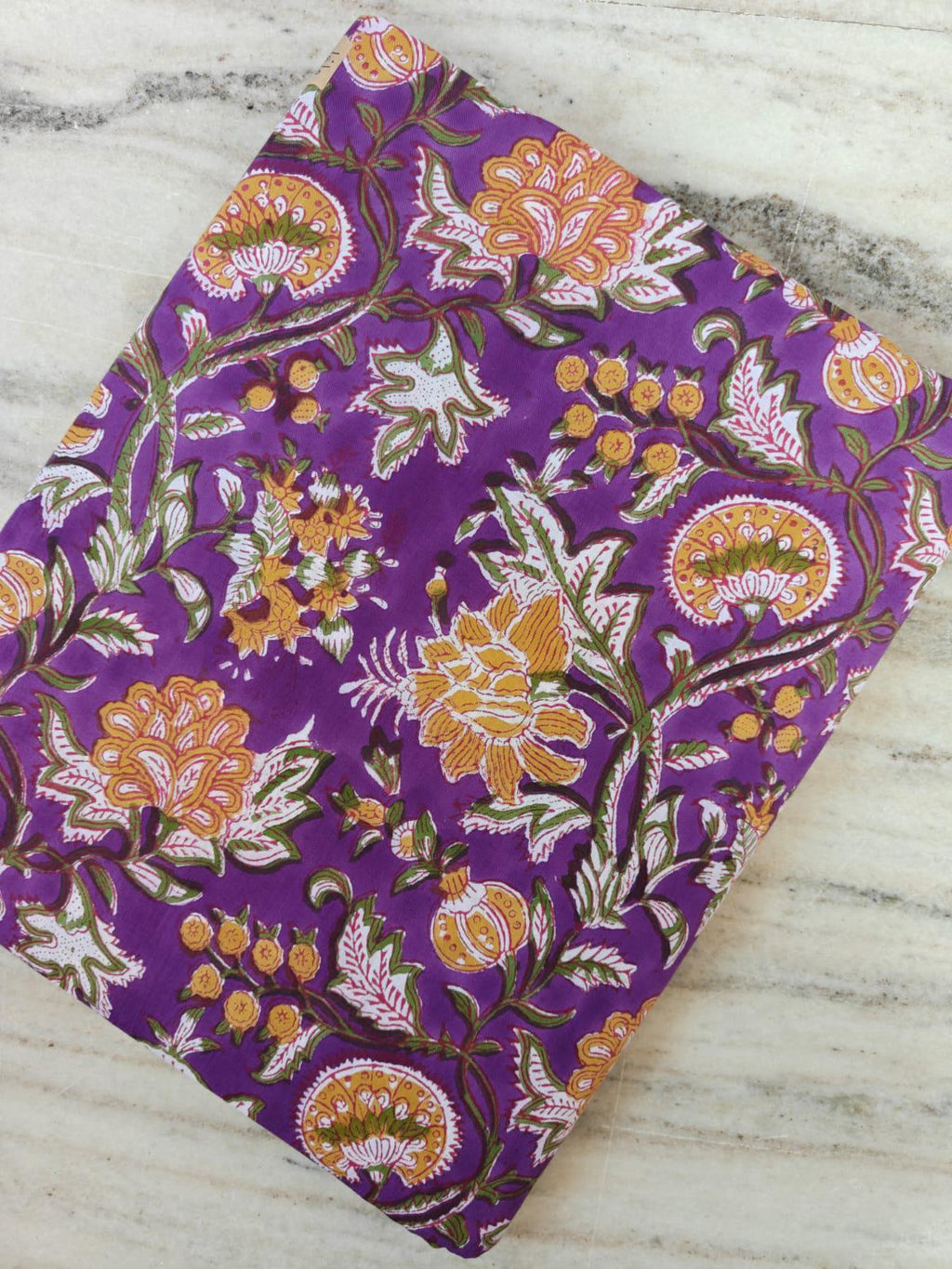 Purple Floral Cotton Fabric, Indian Block Print Fabric by the Yard, Mustard Yellow Botanical Print, Quilting Sewing Fabric, Apparel Fabric