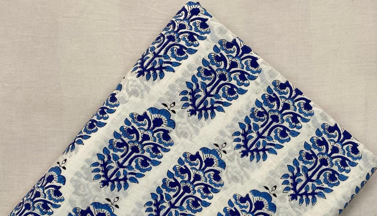 Indian Hand Block Print Fabric, Blue and White Floral 100% Cotton Quilting Fabric By The Yard, Fabric For Dress Making, Loose Running Fabric