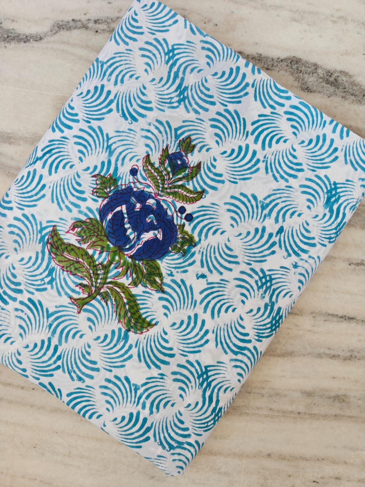 Hand Block Print Cotton Fabric, Blue Floral Indian Cotton, Turquoise Swirl Pattern Fabric, Soft Cotton Fabric by Yard Quilting Sewing Fabric