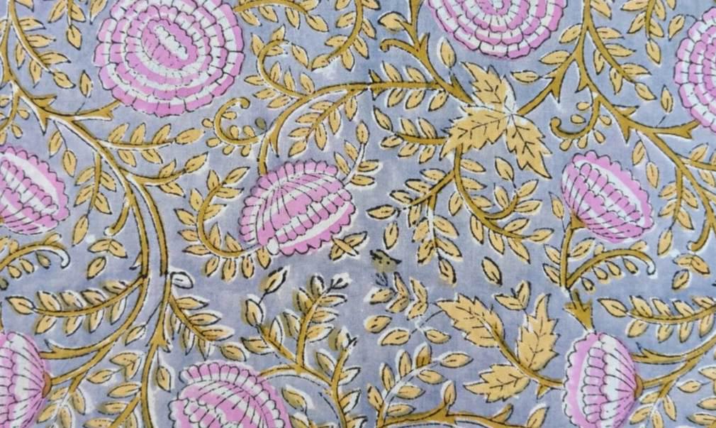 Hand Block Print Cotton Fabric, Pink Floral on Grey Fabric, Indian Botanical Cotton, Soft Lightweight Sewing Fabric, Quilting Dressmaking