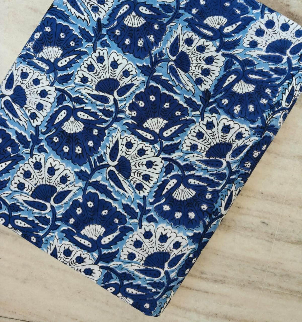 Indigo Blue Floral Block Print Cotton Fabric, Indian Handmade Cotton for Dresses, Quilting, Craft Sewing Fabric by Yard Loose Running Fabric