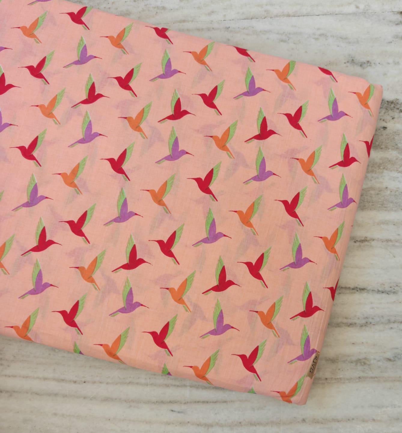 Peach Hummingbird Cotton Fabric, Multicolor Bird Print Fabric, Quilting Cotton by the Yard, Sewing Craft Fabric, Nature Animal Fabric