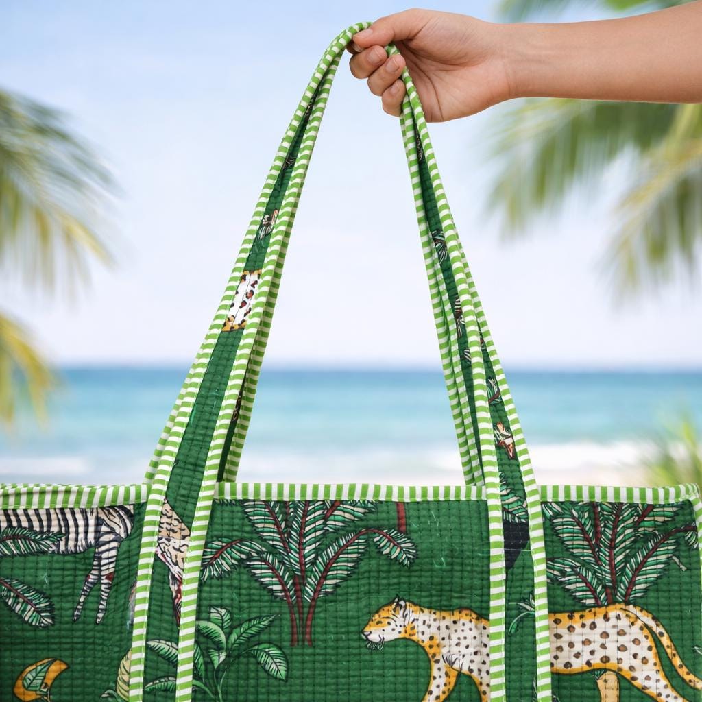Green Jungle Print Quilted Tote Bag, Handmade Cotton Block Print Shoulder Bag, Large Fabric Shopper, Reusable Market Bag, Safari Animal Tote