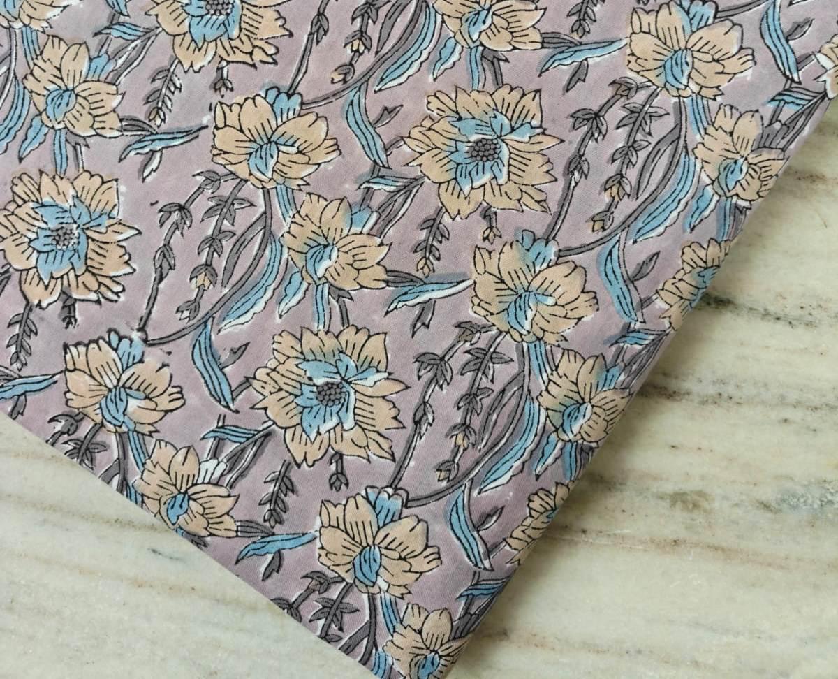 Purple Floral Cotton Fabric, Hand Block Print Fabric by the Yard, Indian Soft Cotton Yellow Blue Flowers for Quilting, Sewing, Dressmaking
