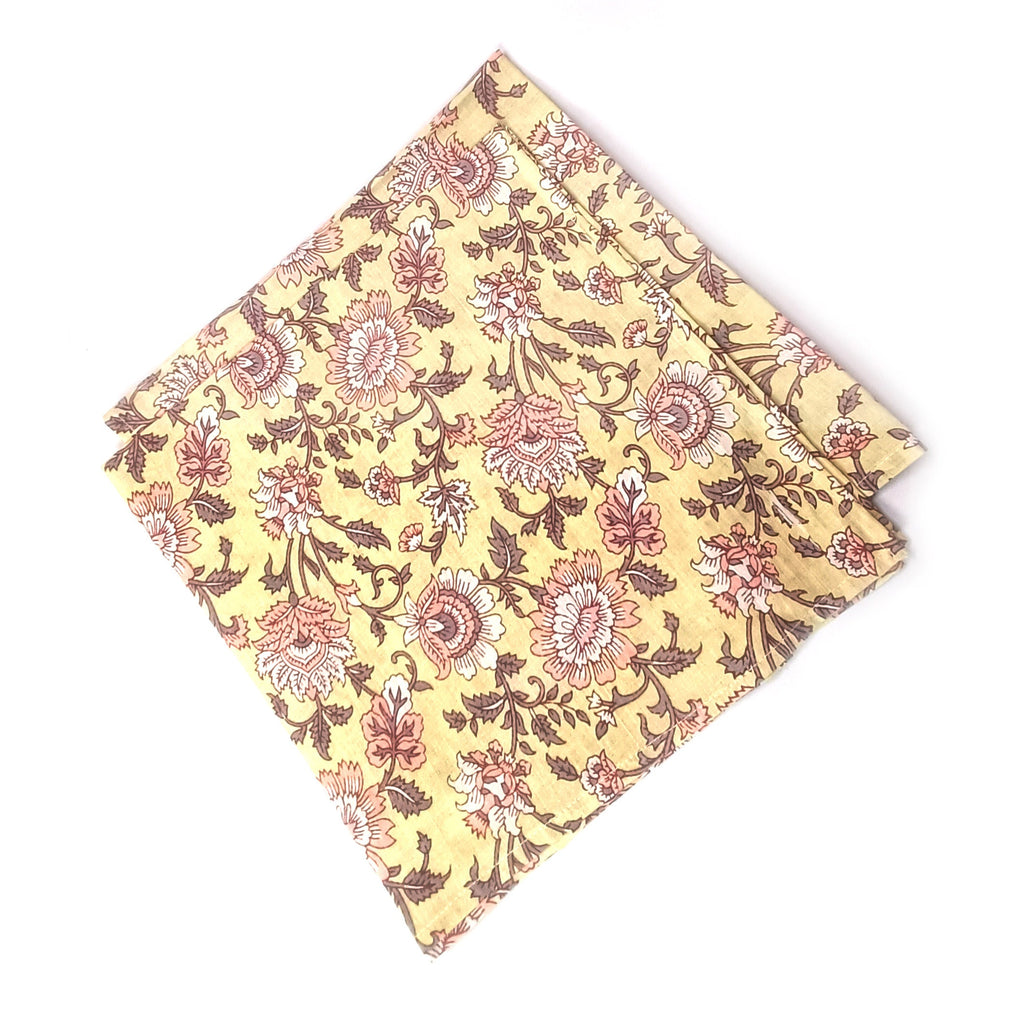 Hand Printed Cotton Dinner Napkins: Floral Block Print, Set of 4