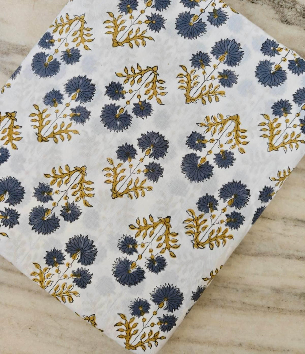 Hand Block Print Cotton Fabric, Blue Floral Fabric, Mustard Yellow Botanical Print, Indian Cotton Fabric by Yard, Soft Lightweight Fabric