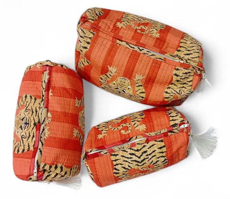 Set of 3 Quilted Toiletry Bags | Big, Medium, Small, Toiletry Bag | Women Wash Bag | Tiger Print Travel Pouch | Hand Block Print Pouch, Gift