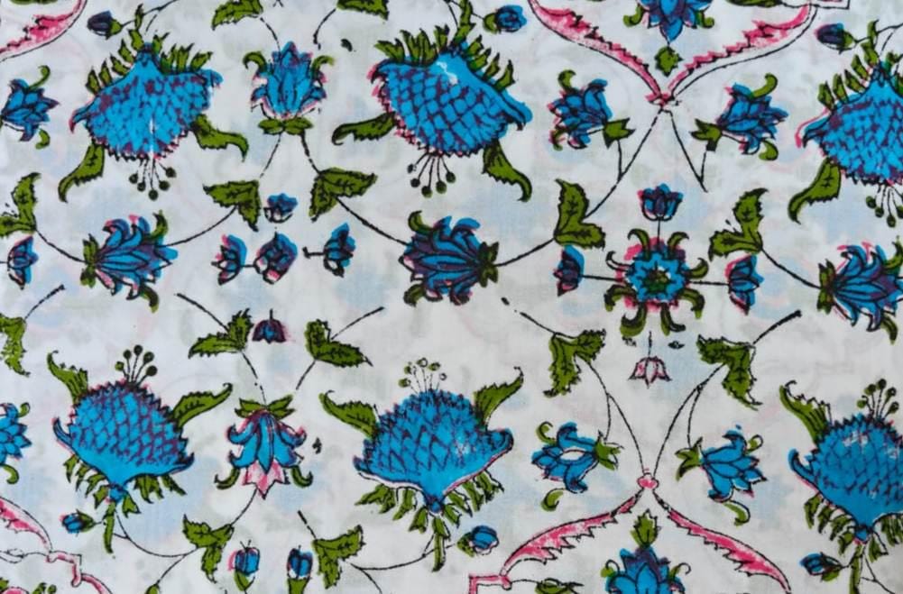 White Blue Designer Hand Block Print Fabric, Red Floral 100% Cotton Quilting Fabric By The Yard, Fabric Dress Making, Loose Running Fabric