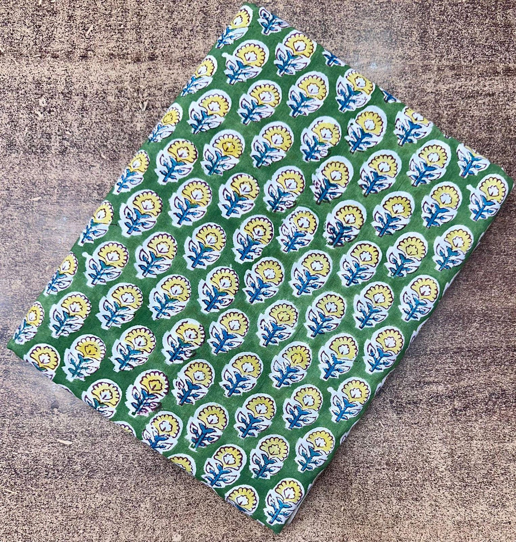 Green Floral Block Print Cotton Fabric, Indian Hand Printed Fabric by Yard, Boho Flower Pattern for Sewing Quilting, Running Cotton Fabrics
