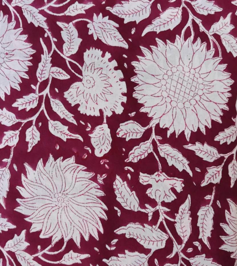 Maroon White Floral Cotton Fabric, Hand Block Print Fabric by the Yard, Soft Indian Cotton for Dressmaking & Home Decor Sewing and Quilting