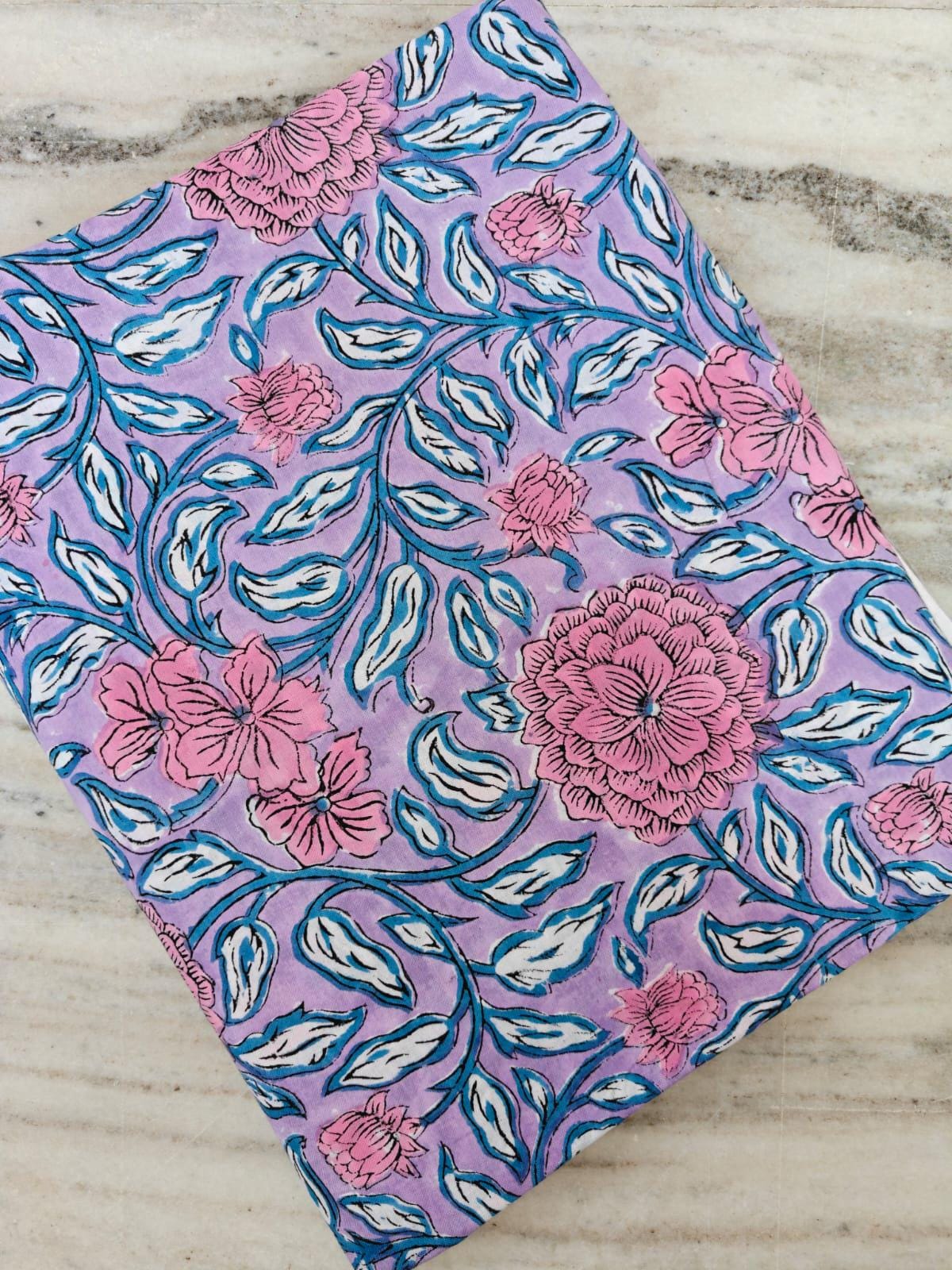 Pink Purple Designer Hand Block Print Fabric, Floral 100% Cotton Quilting Fabric By The Yard, Fabric For Dress Making, Loose Running Fabric