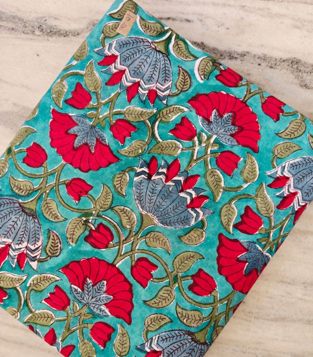 Hand Block Print Cotton Fabric, Floral Indian Fabric, Teal Red Flower Print, Soft Lightweight Cotton by Yard, Quilting Sewing Craft Fabric
