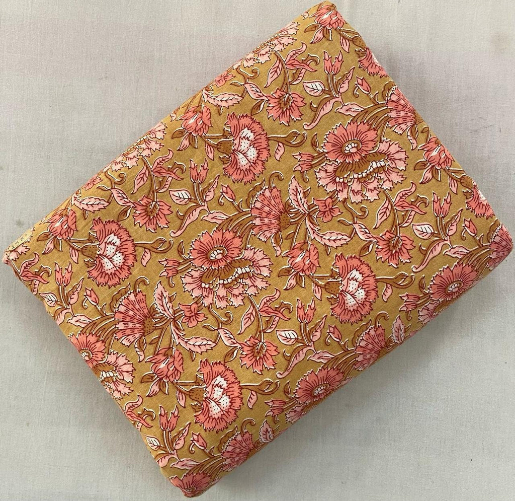 Hand Block Print Cotton Fabric: Red Green Floral Quilting Fabric
