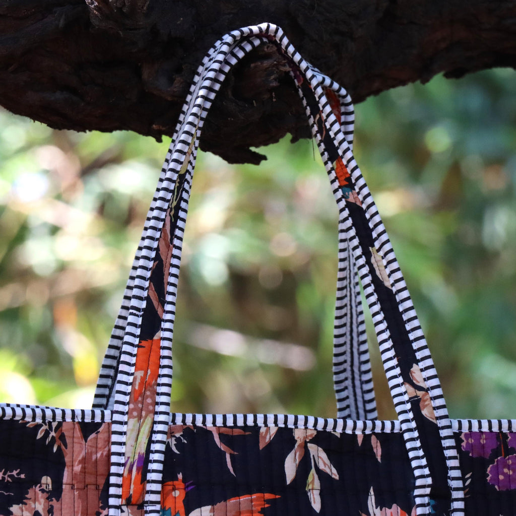 Quilted Cotton Tote Bag, Black Floral Boho Shoulder, Handmade Carryall, Reusable Shopping Bag