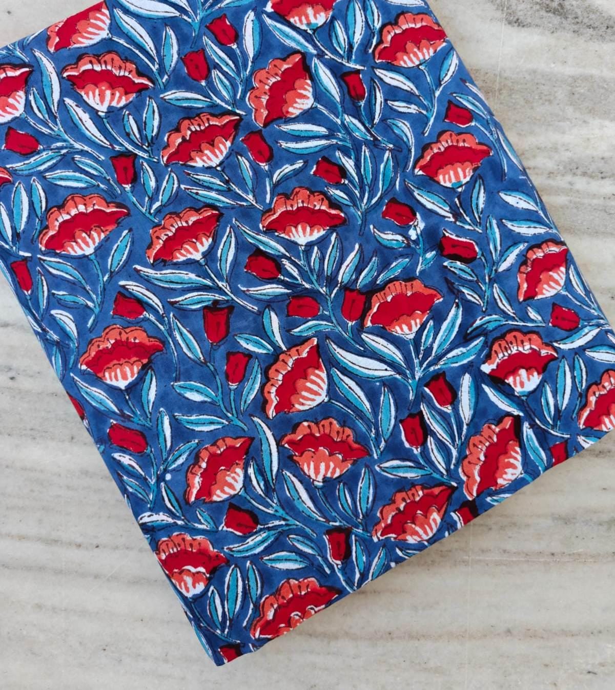 Soft Cotton, Indian Hand Block Print Fabric, Blue and Red Flower Floral 100% Cotton Fabric By The Yard, Fabric for Loose Running Fabric