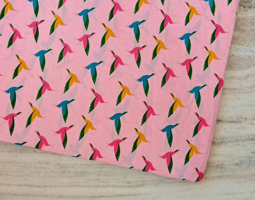 Pink Hummingbird Cotton Fabric, Colorful Bird Print Fabric, Quilting Cotton by the Yard, Sewing Craft Fabric, Nature Animal Fabric, Running