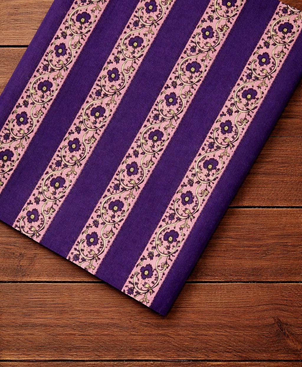 Purple Striped Floral Cotton Fabric, Hand Block Print Border Design Indian Textile, Boho Cotton Fabric for Quilting, Loose Running Fabric