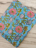 Blue Floral Cotton Fabric, Indian Block Print Fabric, Pink Lotus Flower Cotton by Yard, Hand Block Printed Fabric, Sewing Dressmaking Fabric