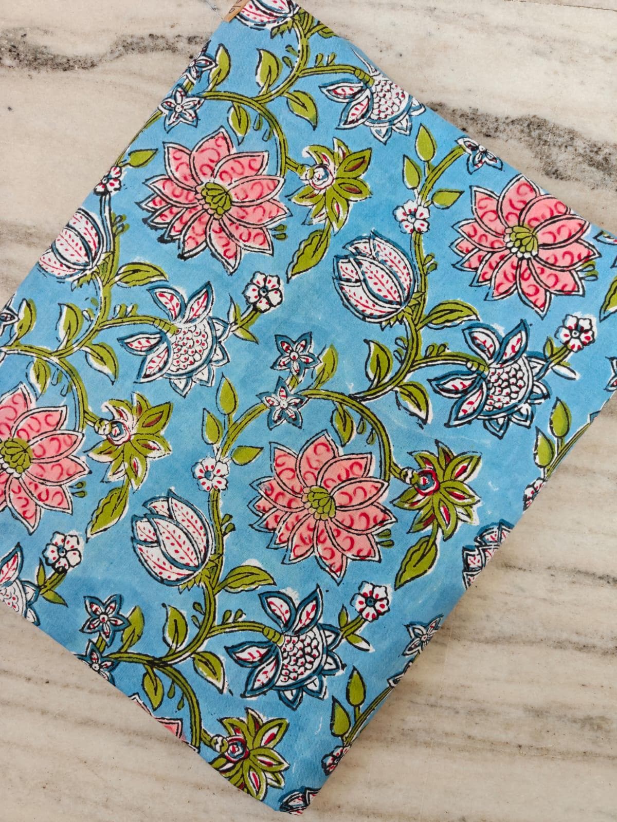 Blue Floral Cotton Fabric, Indian Block Print Fabric, Pink Lotus Flower Cotton by Yard, Hand Block Printed Fabric, Sewing Dressmaking Fabric