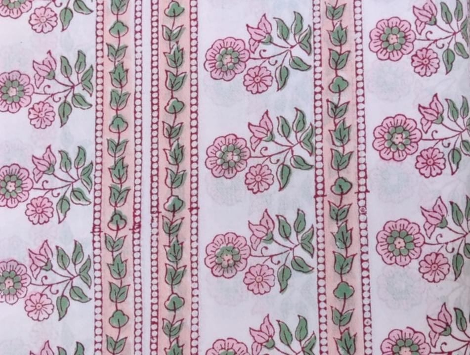 White Cotton Fabric with Pink Floral Stripes, Indian Hand Block Print Fabric by the Yard, Soft Cotton for Sewing, Dressmaking & Crafts