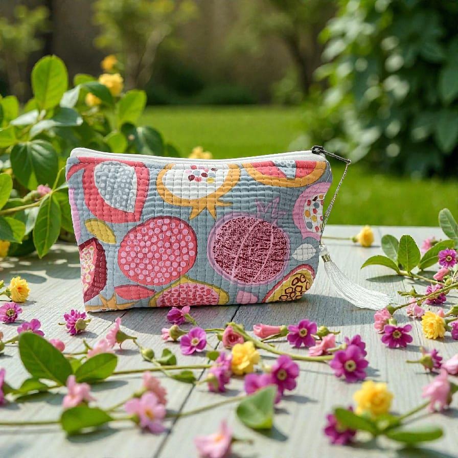 Colorful Floral Kantha Quilt Pouch | White Zipper Cosmetic Bag | Toiletry Pouch | Handmade Quilted Floral Pouch | Zipper Bag with Tassel