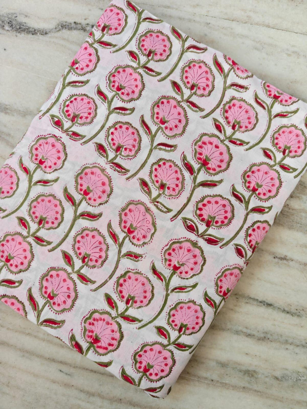 Pink Floral Cotton Fabric by Yard, Indian Block Print Fabric, Hand Block Flower Print Material, Soft White Cotton for Dressmaking, Quilting