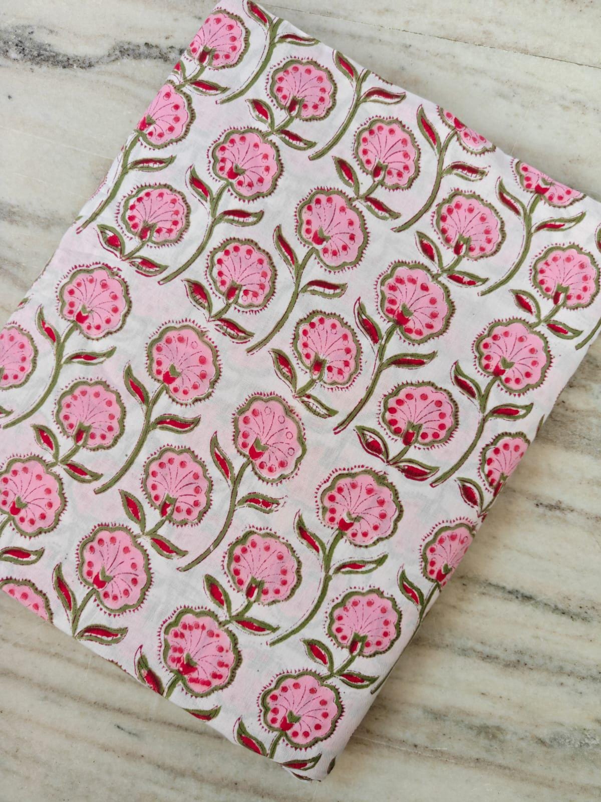 Pink Floral Cotton Fabric by Yard, Indian Block Print Fabric, Hand Block Flower Print Material, Soft White Cotton for Dressmaking, Quilting