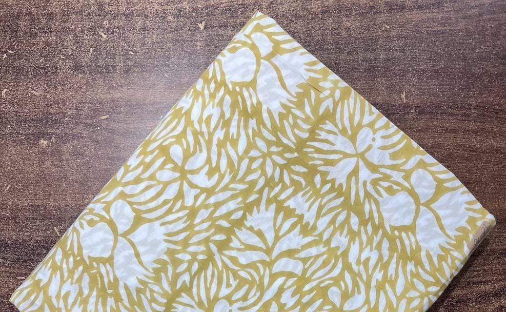 Mustard Yellow Floral Cotton Fabric, White Hand Block Print Cotton Fabric, Soft Cotton Fabric by Yard, Sewing Quilting Dressmaking Fabric