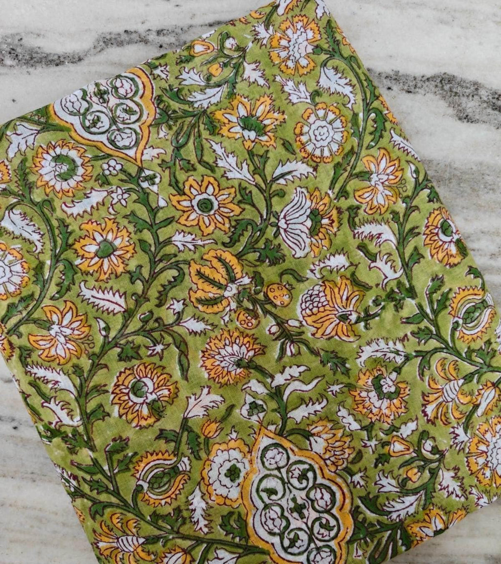 Green Floral Cotton Fabric, Hand Block Print Fabric, Indian Cotton Textile, Botanical Print Fabric, Soft Fabric for Dressmaking, Napkins