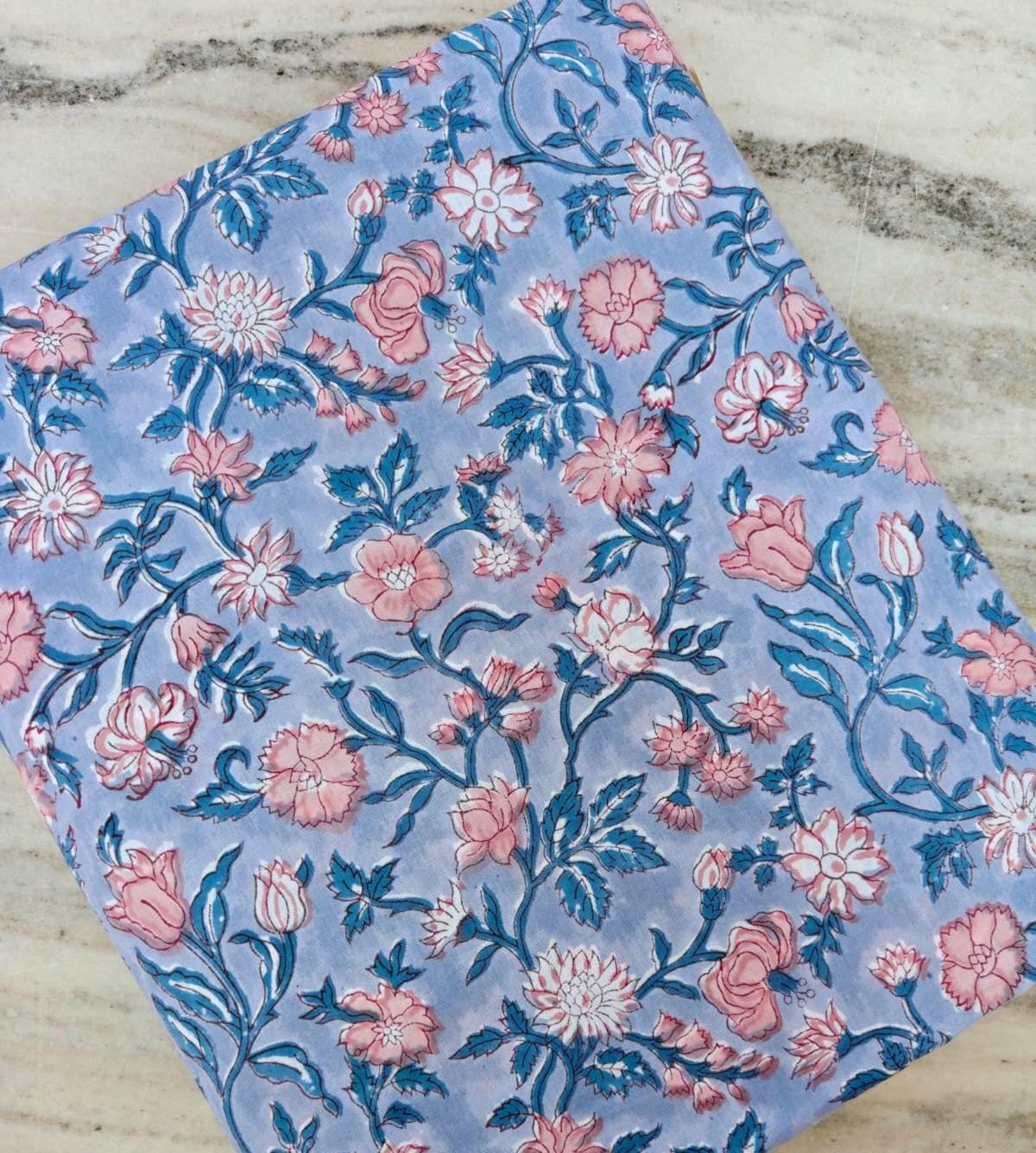 Blue Floral Cotton Fabric, Indian Block Print Fabric, Pink Flower Cotton Fabric, Botanical Vine Fabric, Quilting Fabric, Dressmaking Cotton