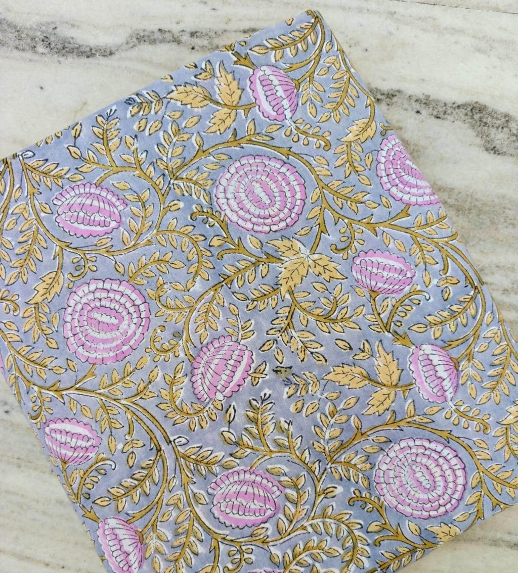 Hand Block Print Cotton Fabric, Pink Floral on Grey Fabric, Indian Botanical Cotton, Soft Lightweight Sewing Fabric, Quilting Dressmaking