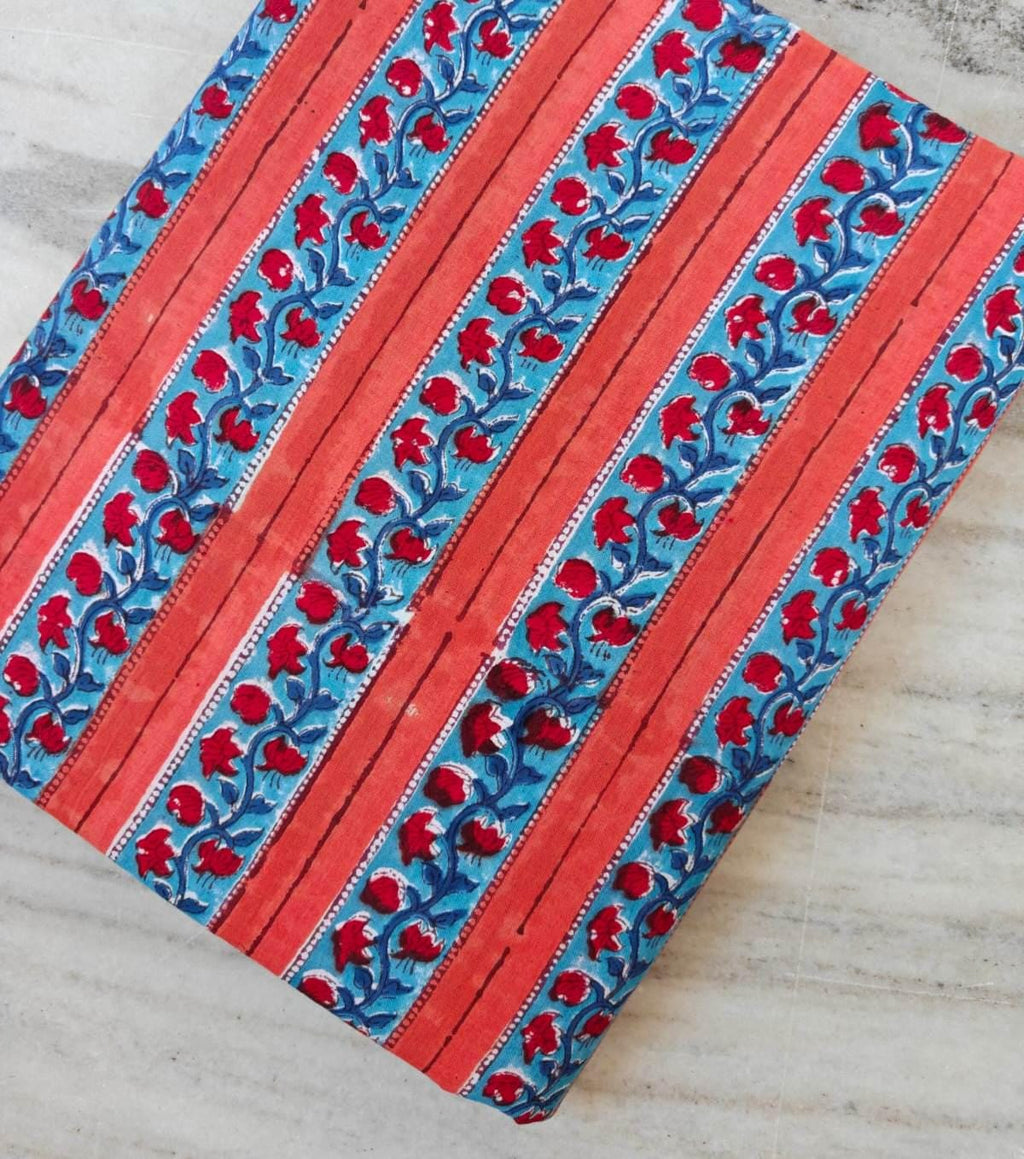 Orange Blue Floral Stripe Fabric, Indian Hand Block Print Fabric, Floral 100% Cotton Quilting Fabric By The Yard, Fabric For Dress Making