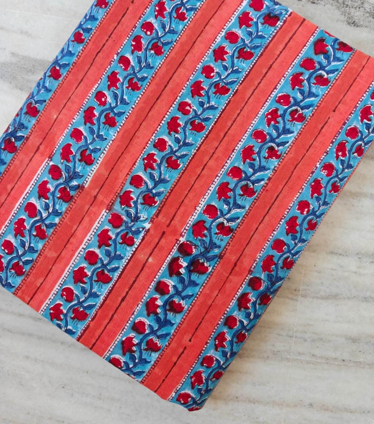 Orange Blue Floral Stripe Fabric, Indian Hand Block Print Fabric, Floral 100% Cotton Quilting Fabric By The Yard, Fabric For Dress Making