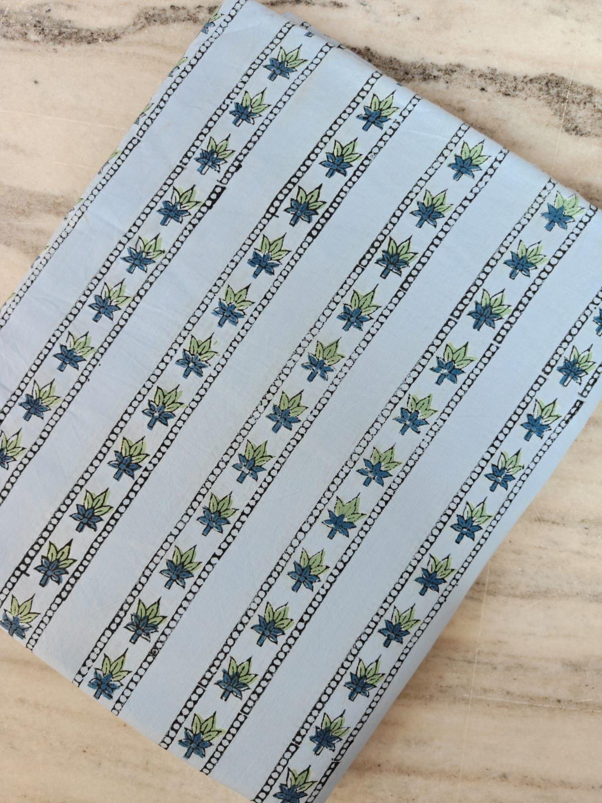 Light Blue Floral Stripe Cotton Fabric, Blue Hand Block Print Fabric By The Yard, Indian Soft Cotton for Quilting, Dressmaking, Sewing Craft