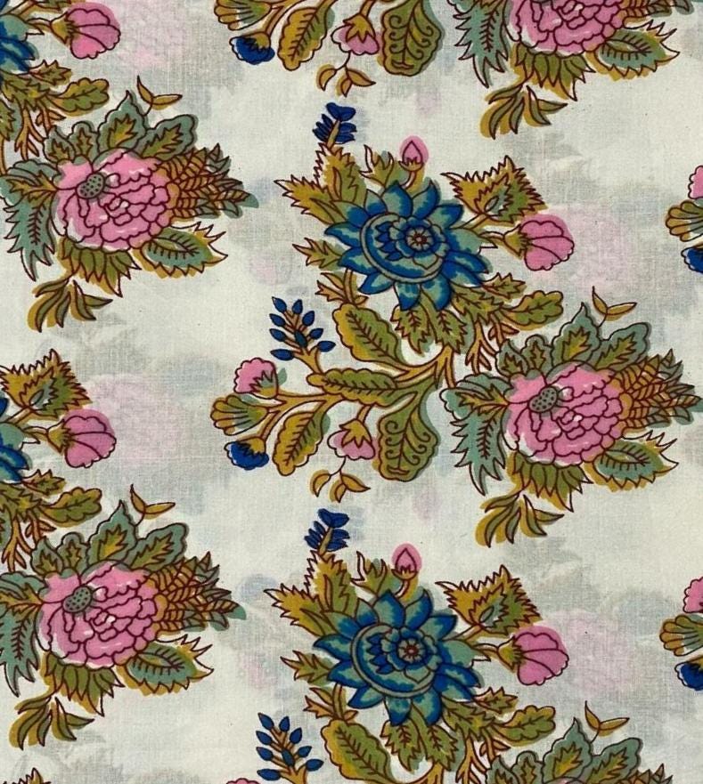 Hand Block Printed Cotton Fabric, Vintage Floral Cotton Fabric by Yard, Multicolor Indian Textile, Blue Pink Flower Soft Lightweight Fabric