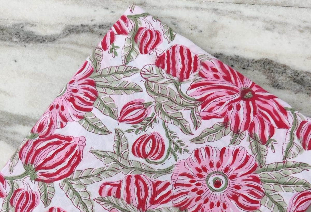 White Red Floral Cotton Fabric, Indian Hand Block Print Fabric, 100% Cotton Fabric By The Yard, Fabric for Loose Running, Textile Fabric