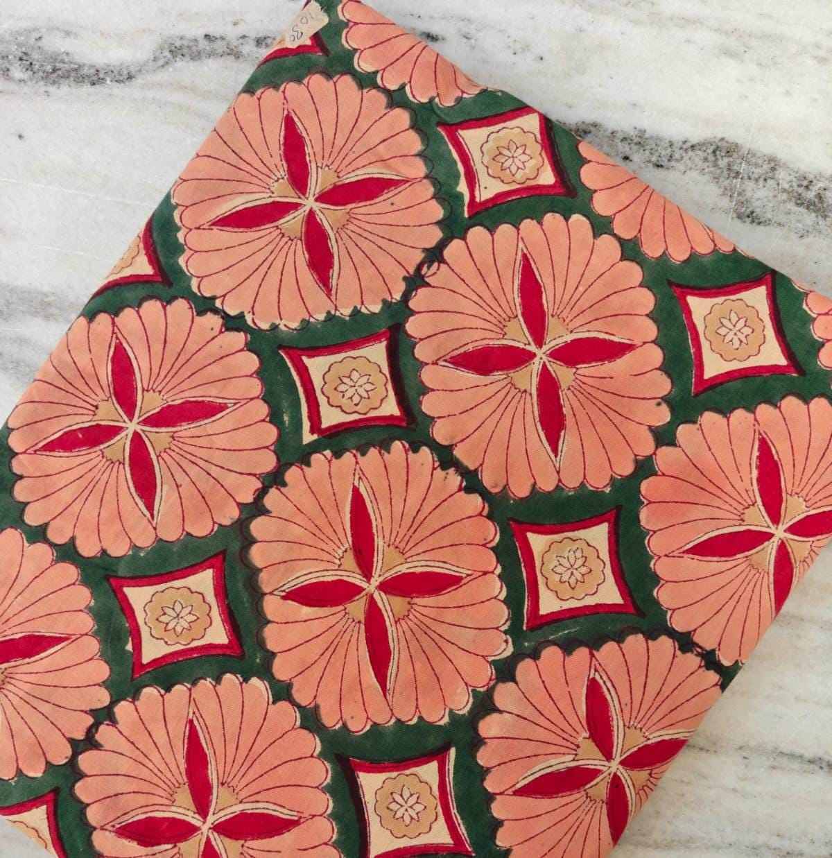 Peach and Green Floral Cotton Fabric by Yard, Indian Hand Block Print Fabric, Red Flower Cotton Material for Dress, Quilting & Home Decor