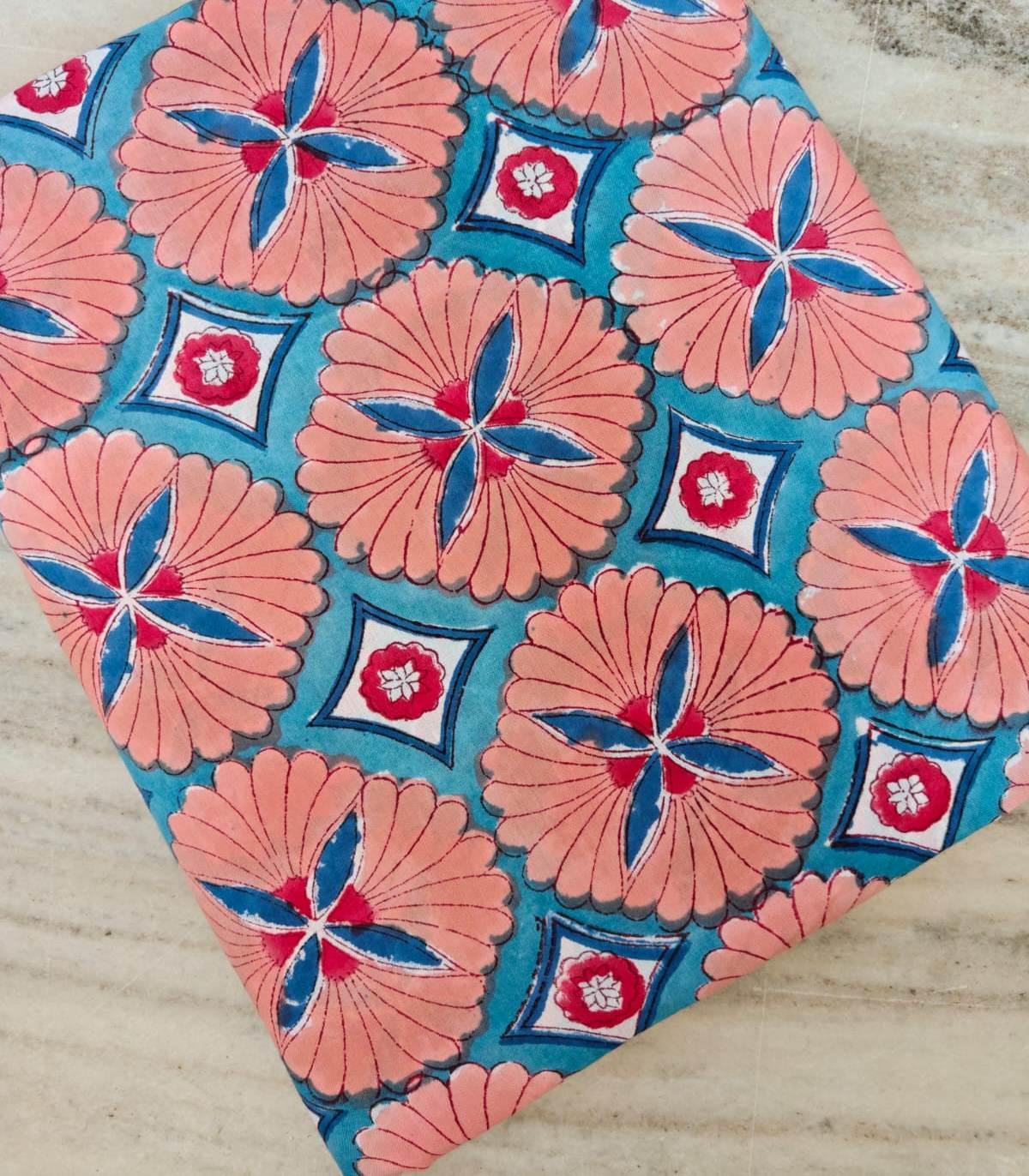 Hand Block Print Cotton Fabric, Floral Geometric Pattern, Blue Pink Indian Cotton, Quilting Sewing Craft Fabric, Soft Breathable Fabric