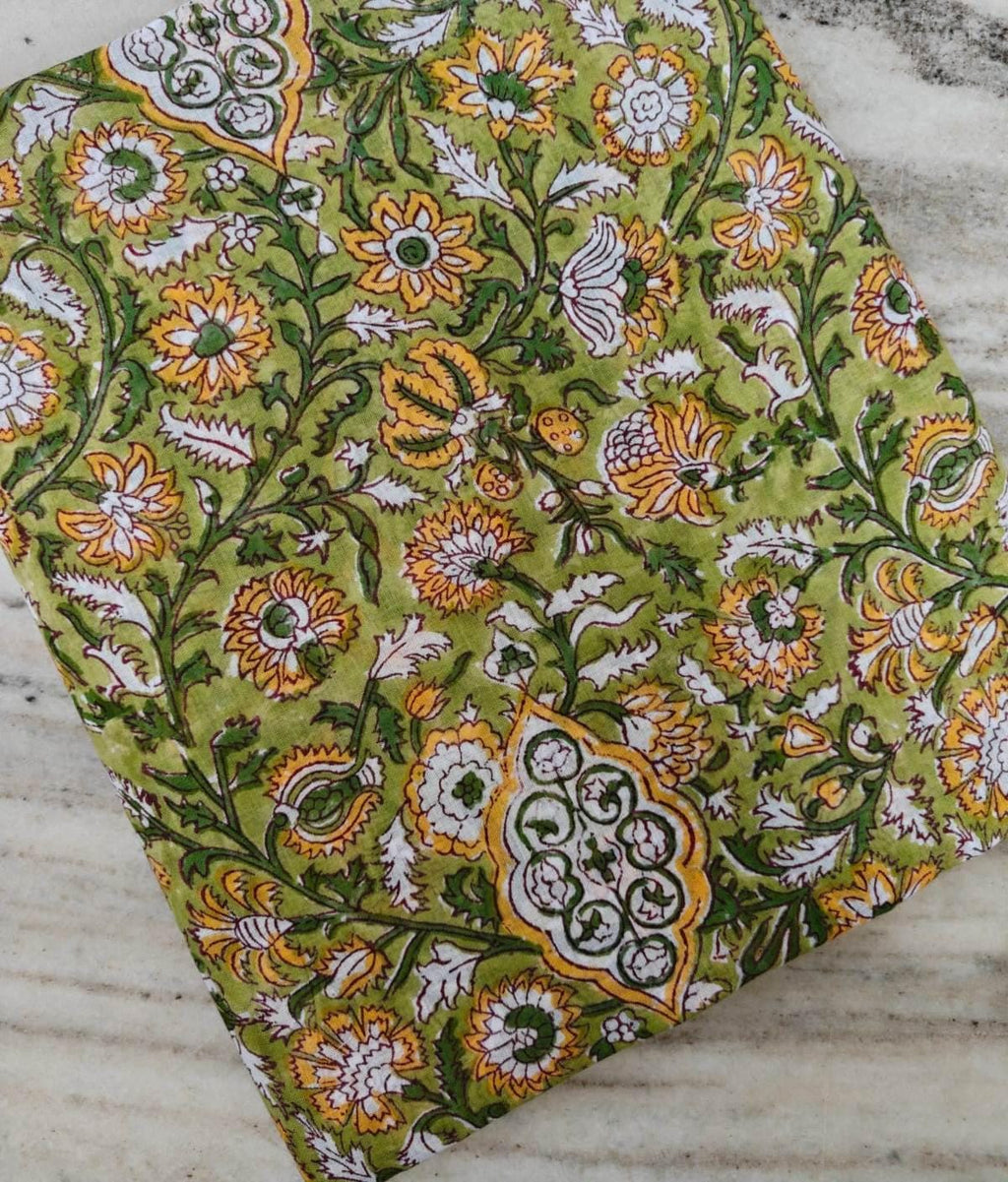 Green Floral Cotton Fabric, Hand Block Print Fabric, Indian Cotton Textile, Botanical Print Fabric, Soft Fabric for Dressmaking, Napkins