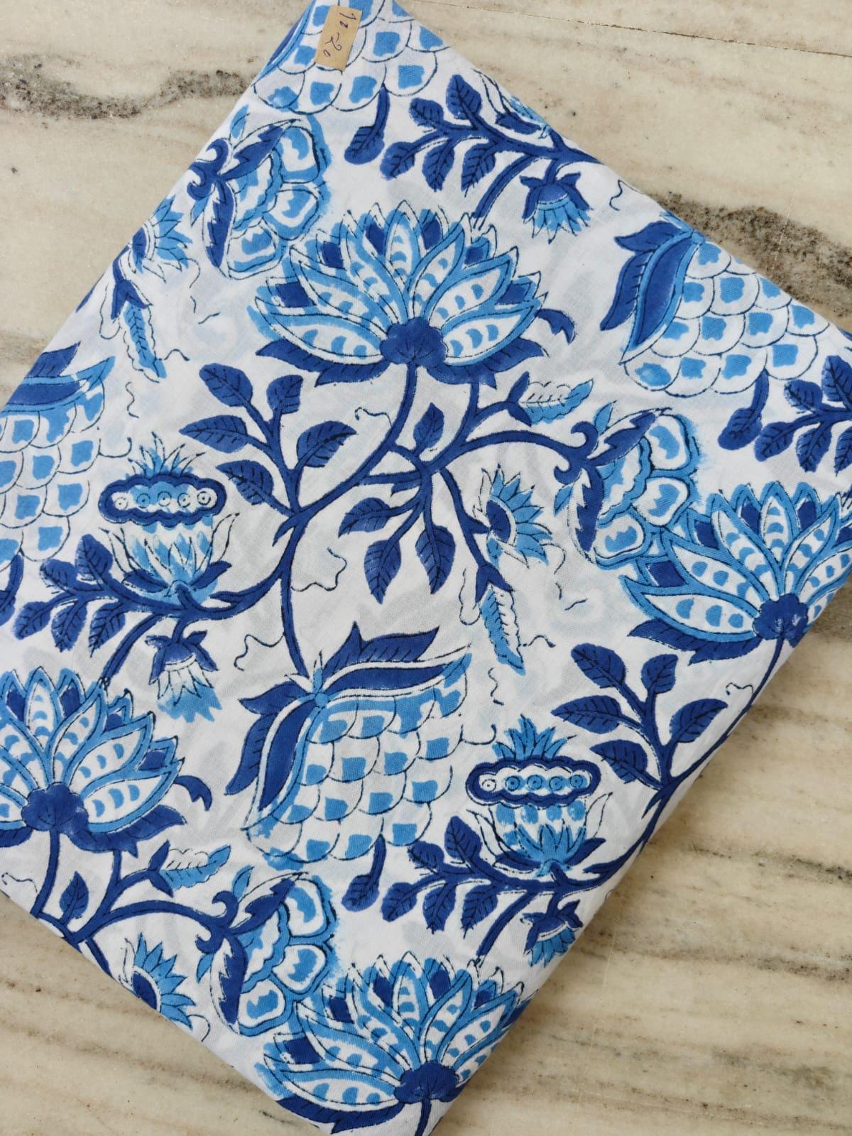 Blue Floral Cotton Fabric, Hand Block Print Indian Fabric, Large Lotus Flower Print, Soft Cotton Fabric for Sewing Quilting Upholstery Craft